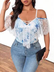 Rometta Plus Size Women's Off-Shoulder Lace Poncho With Tie-Up Sleeve Decor, Suitable For Outings, Vacations And Gatherings - Multicolor - View 4