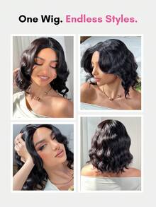 ALL READY WIG Tóc giả Bob sóng với mái rèm, ren tan chảy 3.5 X 0.5 không keo, rẽ ngôi giữa, 100% tóc thật màu đen, dài 12 inch, sóng sâu lỏng, tóc giả Bob ren đeo và đi, dùng hàng ngày, thân thiện với người mới bắt đầu - S1B - Xem 4