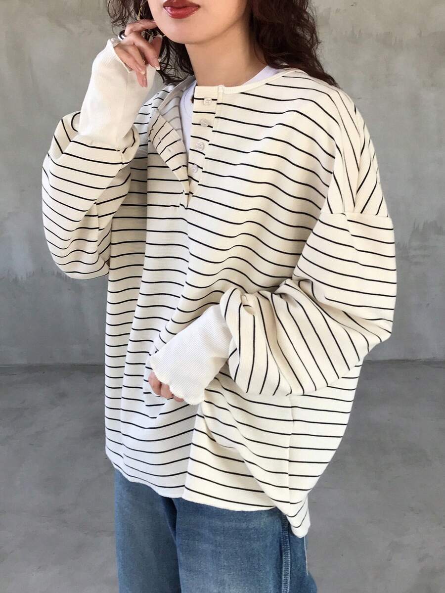FRIFUL Women's Loose Fit Drop Shoulder Long Sleeve Striped T-Shirt, Autumn - Beige - View 1