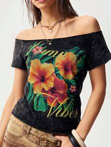 Bohemela Women's Off-Shoulder Floral Print Casual Versatile Daily Wear T-Shirt - Black - View 4