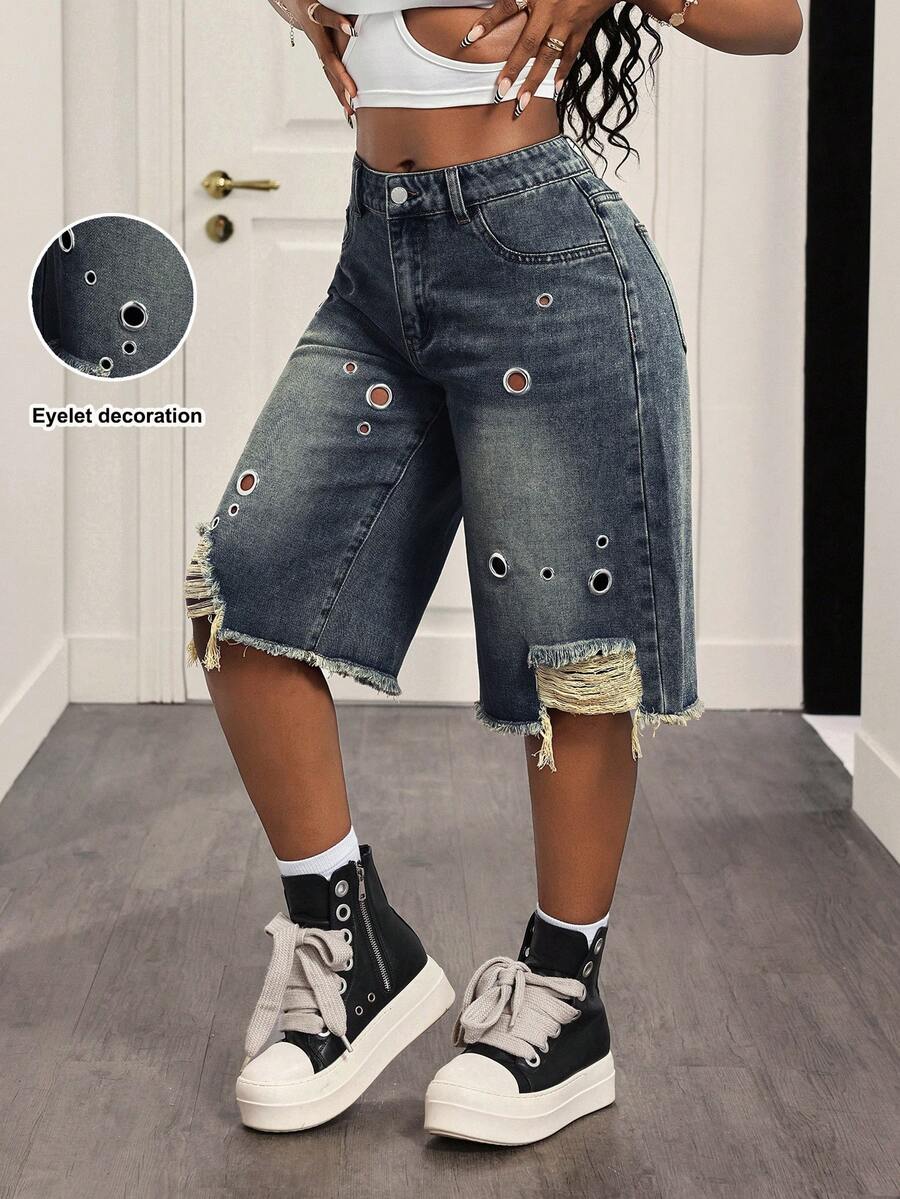 Slaydiva Women's Summer Street Washed Metal Eyelet Ripped Denim Shorts - Dark Wash - View 1