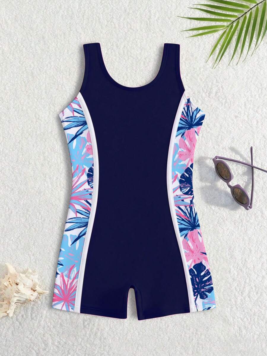 SHEIN Traje de baño de una pieza con estampado botánico para niña preadolescente - Azul Marino - Ver 1