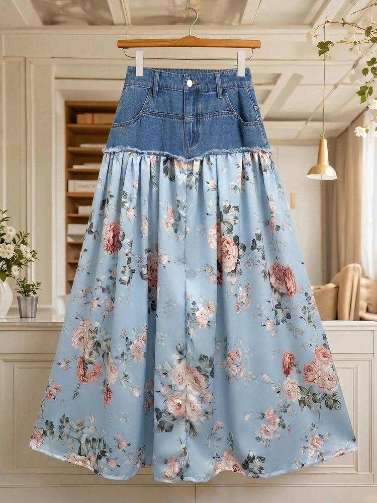 Qadelle Women's Floral Print Patchwork Denim Mini Skirt | SHEIN USA
