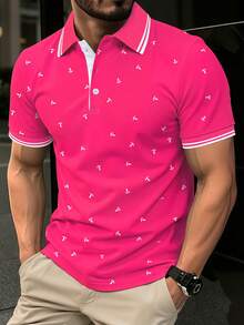 Calvornis Men's Anchor Print Short Sleeve Casual Commuter Polo Shirt, Formal - Hot Pink - View 3