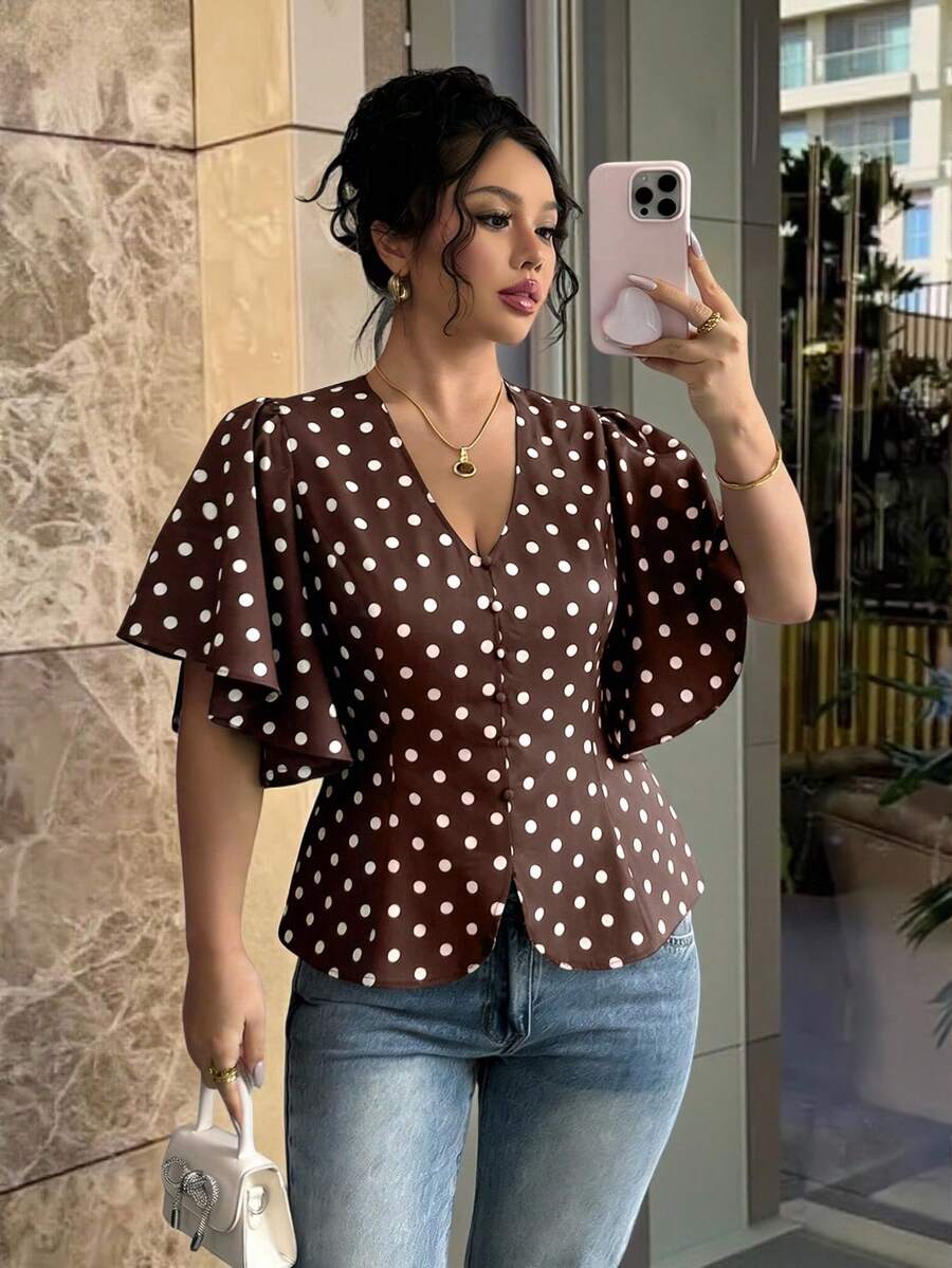 Modelyn Plus Size Women's Elegant Spring/Summer Floral Print Fitted Short Sleeve Blouse - White - View 1