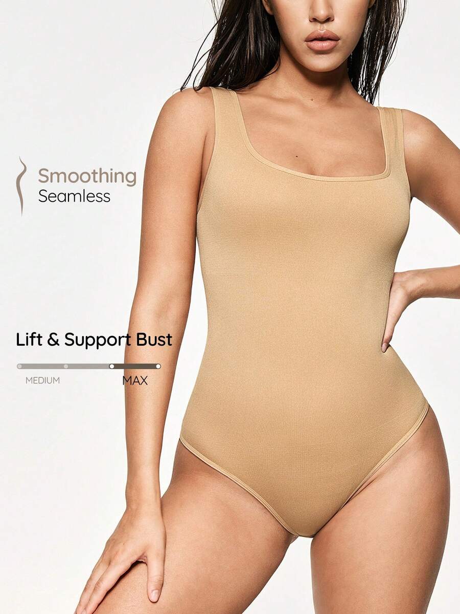 SHAPORA Women's Summer Fashion Solid Color Elastic Tummy Control Bodysuit - Apricot - View 1