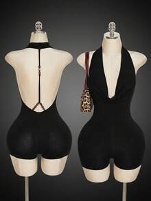 SHEIN ICON Y2K Sommer Damen Club Schwarzer Sexy Ausgehparty Abschlussball einfarbiger tiefer drapierter Ausschnitt Neckholder Romper - Schwarz - Übersicht 7
