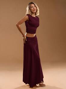 SHEIN BAE Women's Solid Color Minimalist Daily Sleeveless Top And Skirt Set - Burgundy - View 5