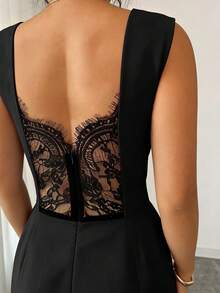 SHEIN Clasi 女士系带腰身休闲褶皱连体裤，商务装 - 黑色 - 查看 2