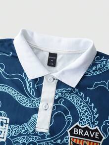 ROMWE MEN Prep Men's Street Graphic Print Polo Shirt, Suitable For Spring And Summer - Blue - View 8