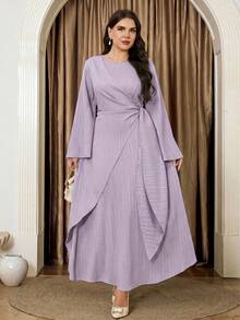 Veilorie Plus Size Solid Color Round Neck Flare Sleeve Elegant Long Dress For Summer Fall - Mauve Purple - View 5