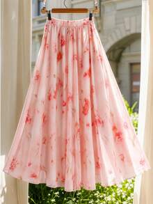 GlowEve CURVE Plus Size Spring/Summer Chiffon Printed A-Line Skirt, Suitable For Elegant Dates Vacation White Floral - Pink - View 2