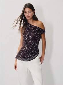 Nöista 單肩圓點上衣搭配垂墜領口，適合派對與夏季穿搭 - 咖啡棕 - 查看 4