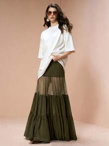 SHEIN 女士雪纺面料安全短裤多层拼接长裙，优雅派对约会之选 - 綠色 - 查看 8