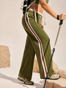 Exploreva Women's Contrast Color Striped Split Outdoor Sweatpants - Army Green - View 3