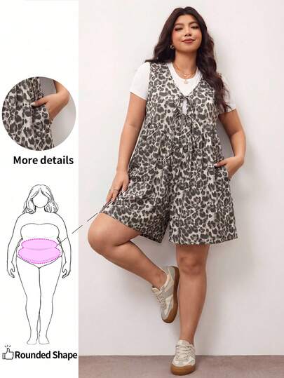 Enliva Mono de pierna ancha con estampado de leopardo para mujer de talla grande, con lazo delantero y bolsillos, corte holgado, adecuado para figuras curvilíneas con forma de manzana