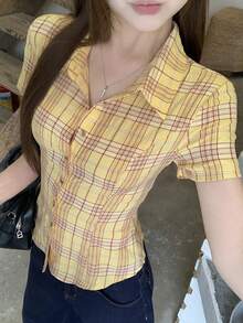 DAZY Plaid Fitted Waist Short Sleeve Collared Casual Vacation Blouse For Women Summer School - Yellow - View 8