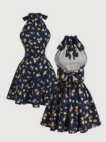Skyraze Women's Floral Print Backless Twist Ruched Cami Mini Dress - Navy Blue - View 3
