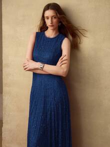 MOTF PREMIUM WOMEN'S SOLID COLOR LACE WAIST FLARED DRESS - Blue - View 6