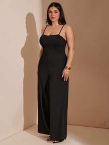 SHEIN BAE CURVE 加大码黑色吊带连体裤 - 黑色 - 查看 8