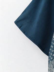 Rusticease Plus Size Solid Color Printed Patchwork Round Neck Short Sleeve Dress - Teal Blue - View 5