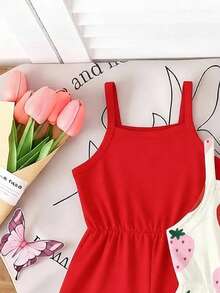 Souflis Souflis 3pcs/Set Toddler Girls' Red Summer Matching Family Vacation Strawberry Print Striped & Solid Spaghetti Strap Romper,Minimalist Versatile Jumpsuit - Multicolor - View 3