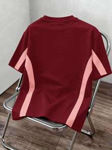 Manfinity Joysei Men's Contrast Color Round Neck Short Sleeve Casual T-Shirt, Versatile For Summer, Holiday - Red - View 2