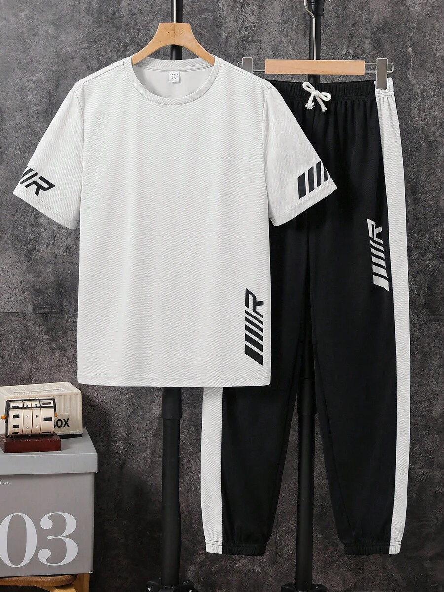 SHEIN 2件套青少年男童/青少年男童休闲日常舒适印花圆领宽松短袖T恤和印花撞色直筒针织裤套装 - 黑與白 - 查看 1