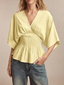 BizChic V-Neck Waist-Cinching Top, Business Formal, Vacation Style, Slouchy, Commute, Date, Daily, Vacation, Office, Independence Day, Graduation Season, Music Festival, Slimming, Elegant, Versatile, Summer, Party, Wedding Guest, Outing, Beach, Gathering, Social, Holiday, Shopping, Afternoon Tea, Travel, Minimalist - Yellow - View 2
