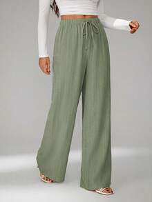 SHEIN Tall Loose Drawstring Waist Trousers In Textured Crinkle Fabric, Tall Women - Army Green - View 6