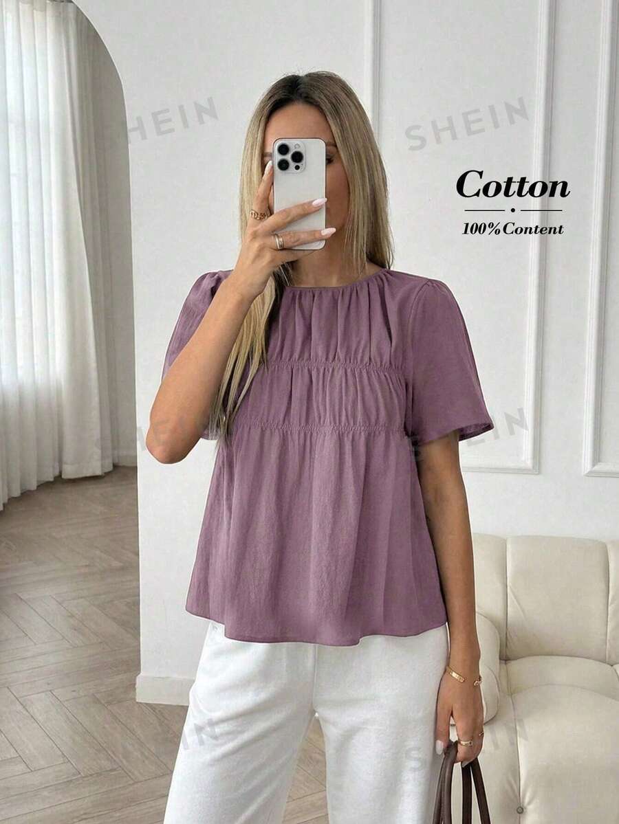 Easowa Women's Solid Color Round Neck Short Sleeve Pleated Casual Shirt,Summer Top - Purple - View 1