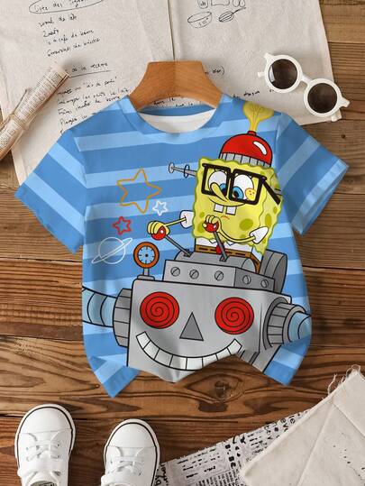 SpongeBob SquarePants | SHEIN Toddler Boys' Cartoon Print Round Neck Short Sleeve T-Shirt