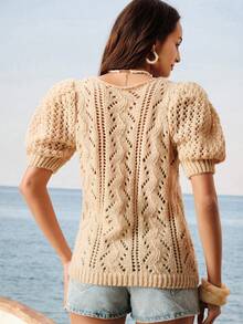 Arave Áo kiểu Pháp cổ điển dệt kim rỗng tay cánh hoa đính sequin - Màu Khaki - Xem 2