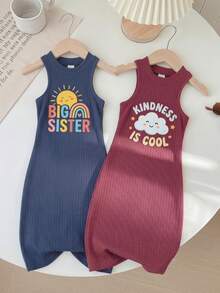 SHEIN LMoss Kids Bộ váy hai mảnh casual không tay in hình mèo dễ thương cho bé gái LMoss - Nhiều màu - Xem 2