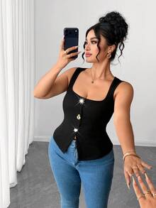 Elenzga Plus Size Black Square Neck Sleeveless Ribbed Knit Crop Top Gold Sunflower Decor Button Fitted Bodycon Tank Top Curvy Figures Cocktail Summer Elegant - Black - View 3