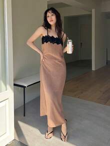 DAZY Đầm hai dây thanh lịch phối ren tương phản dành cho nữ - Màu Khaki - Xem 7