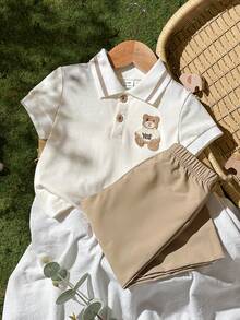SHEIN Vintaside Kids Bộ 2 món áo polo bé trai phong cách thường ngày thêu họa tiết gấu kèm quần kaki - Màu be - Xem 5