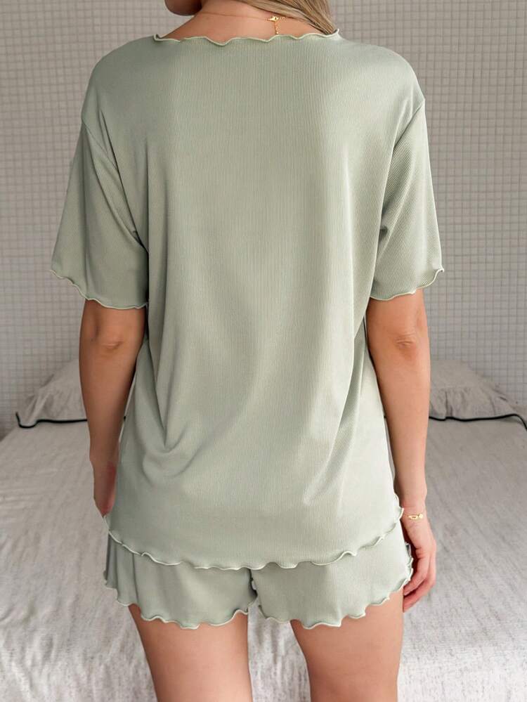 Women's Simple & Comfortable Solid Color Lettuce Trim Short Sleeve T-Shirt And Shorts Pajama Set, Summer