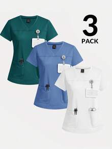 TaskEZ 纯色V领短袖带口袋医用工作服上衣 - 彩色 - 查看 1