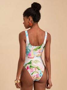 Travachic 1pc Women Abstract Line Star Allover Print Square Neck One-Piece Swimsuit,White,Summer,Tropical,Holiday,Party,Vacation,Holiday Bathing Suits For Woman - Multicolor - View 2