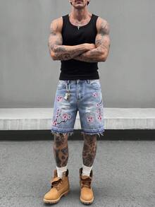 GENTILAND 男士夏季休闲度假时尚街头日常通勤樱花刺绣做旧毛边牛仔短裤 - 藍色 - 查看 3