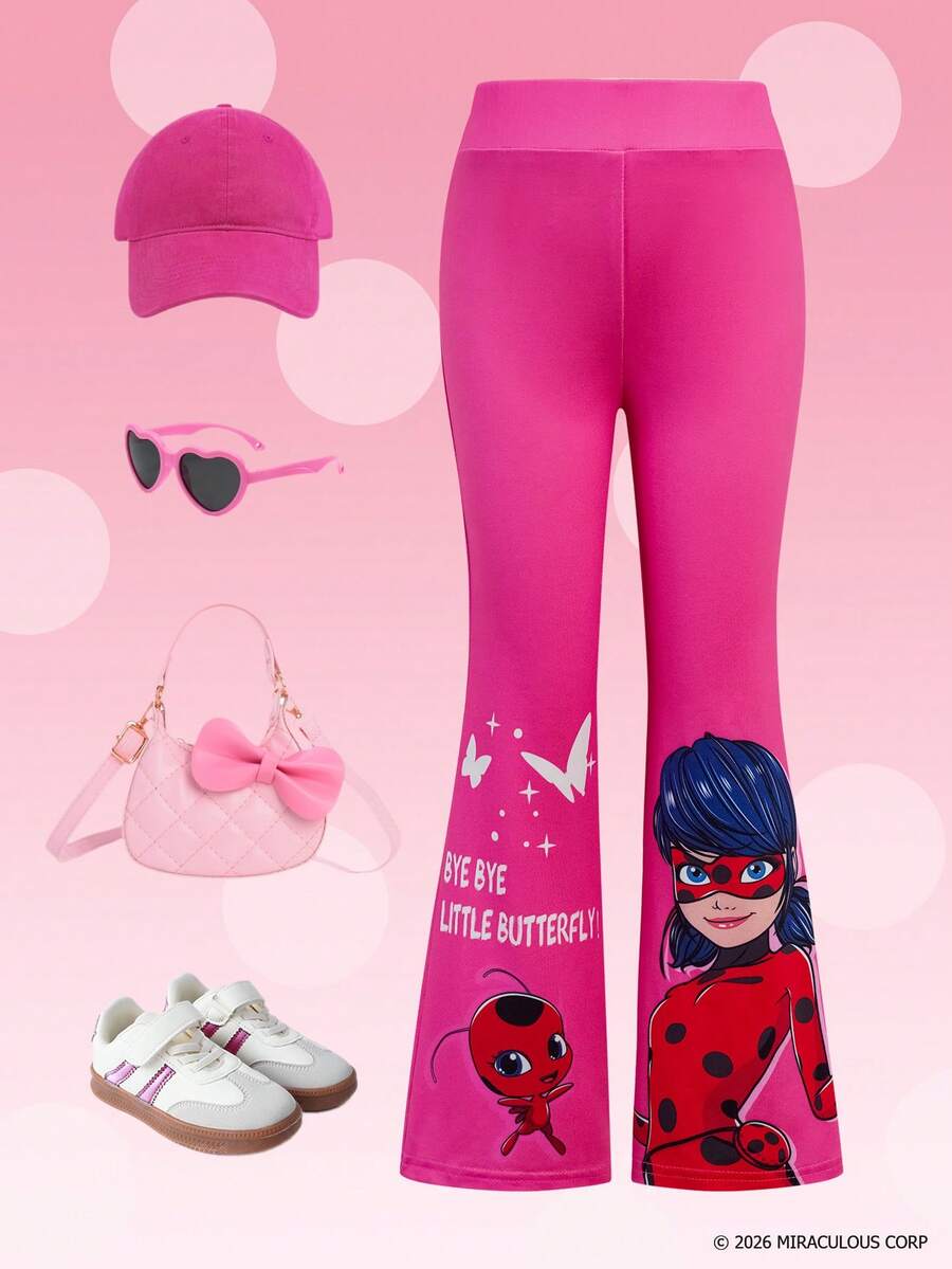 Miraculous Ladybug X SHEIN Quần legging nữ trẻ in chữ và hoạt hình, cạp chun, kiểu dáng thường ngày, đa năng. - Màu Hồng Tươi - Xem 1