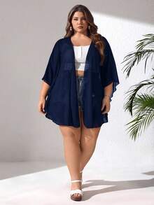 SHEIN CURVE+ 大码基础款纯色网眼拼接泳衣上装 - 藏蓝色 - 查看 5