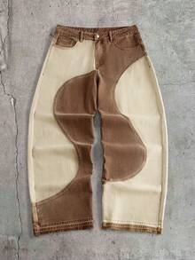 AXEPEAK Men's Pockets Button Patchwork Contrast Color Washed Retro Streetwear Denim Jeans Holiday Beige Summer - Brown - View 8