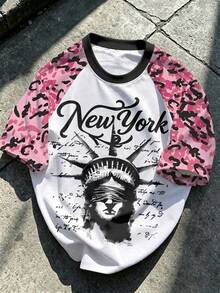 Manfinity EMRG Men's Casual Letter & Sculpture Print Raglan Sleeve Round Neck T-Shirt, Summer - Multicolor - View 3