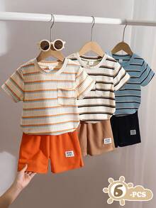 SHEIN 6pcs/Set Young Boy Summer Waffle Stripe Short Sleeve T-Shirt And Shorts 2 Pieces Set - Multicolor - View 4