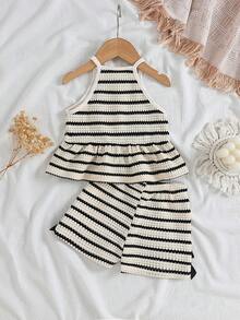 SHEIN Playful Pals 2pcs Baby Girls Apricot & Black Striped Knit Jacquard Soft Fabric Sleeveless Striped Camisole Top With Ruffle Hem + Matching Elastic Waist Shorts, Decorated With Bow, Casual & Cute, Suitable For Summer Daily Outings, Travel, School, Shopping, Photography, Party, Park, Indoor & Outdoor Versatile Wear - Multicolor - View 2