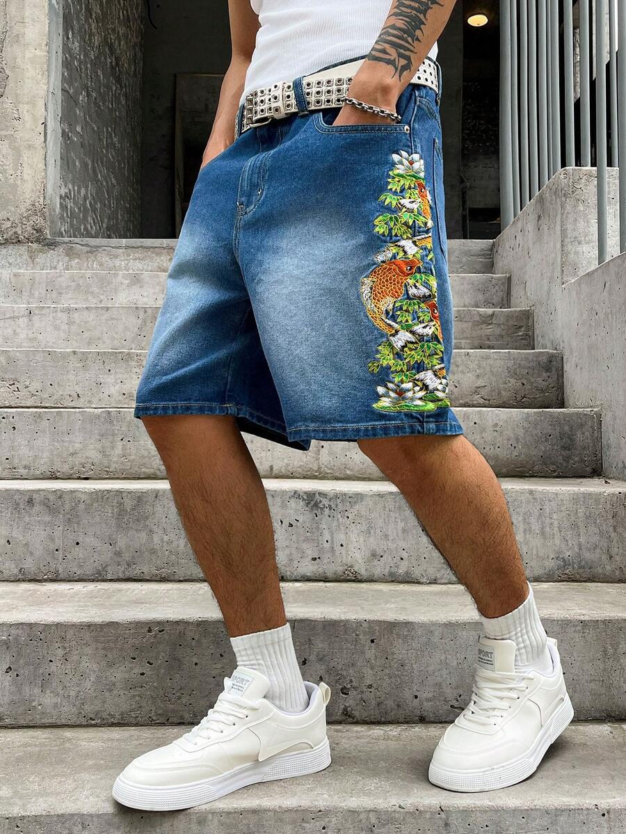 GALLERY FADE 男士錦鯉刺繡牛仔短褲,日系街頭風直筒膝蓋長牛仔短褲,復古磨損夏季休閒短褲,度假款 - 藍色 - 查看 1