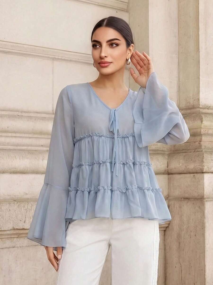 Graceveil Áo kiểu nữ thanh lịch màu trơn tay loe xếp nếp, áo kiểu nữ thường ngày hiện đại, bộ trang phục nữ thanh lịch mới, bộ áo và quần trang trọng cho nữ S3433, quần áo nữ, áo và áo kiểu nữ, áo dài tay nữ, áo kiểu nữ thanh lịch - Màu xanh lam - Xem 1