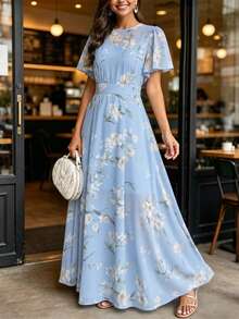 SHEIN LUNE 輕盈雪紡花卉印花時尚通勤百搭 A 字連身裙，附荷葉袖，女款 - 彩色 - 查看 4